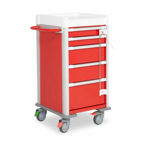 Clini-Cart Slimline Emergency Resus Trolley, 5 Drawer - Red